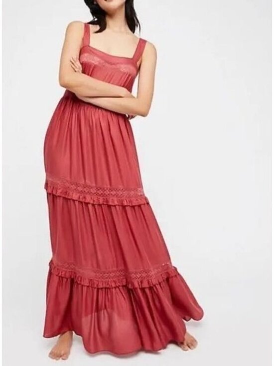 Free People Dresses & Skirts - Free People Lace Trim Tiered Ruffle Maxi Slip Dress M | Whimsical Ethereal Boho